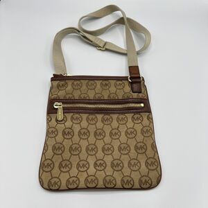 Michael Kors Signature Jacquard Logo Monogram Crossbody Bag Khaki Tan
